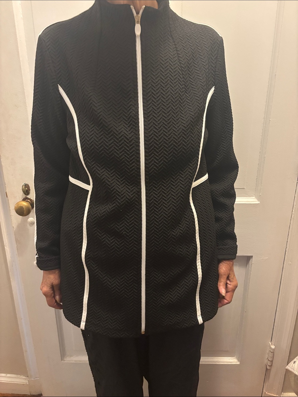 Black Zip-Front Women’s Polyester and Spandex Jacket with White Piping